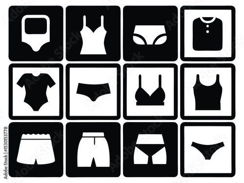 Collection of underwear and clothing icons set displaying modern apparel in a clean minimalist style.