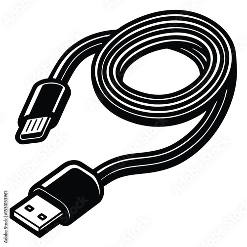Black and white vector illustration of a usb cable with mini and standard connectors.