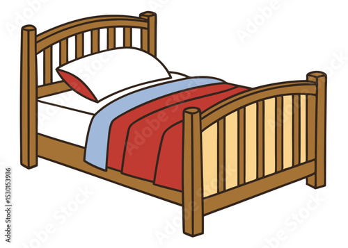 Cartoon illustration of a comfortable wooden bed featuring a white pillow and red blankets.