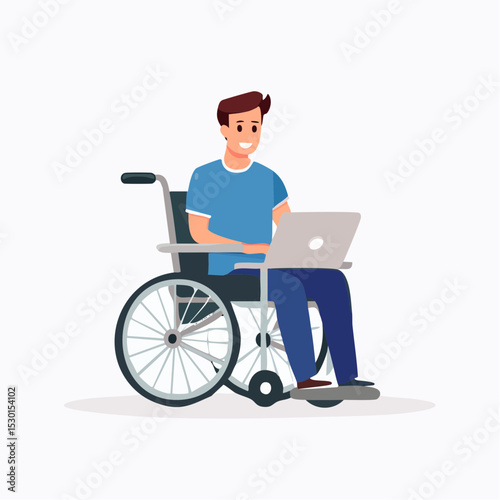 Vector of a young adult in a wheelchair using a laptop, shown in a clean and inclusive design.