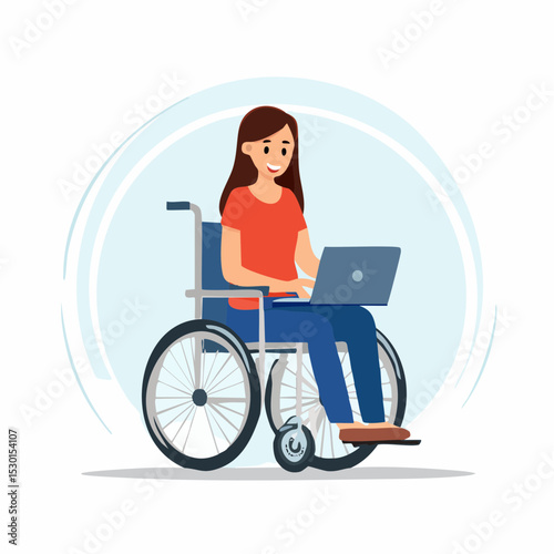 Vector of a young adult in a wheelchair using a laptop, shown in a clean and inclusive design.