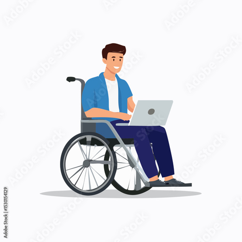 Vector of a young adult in a wheelchair using a laptop, shown in a clean and inclusive design.