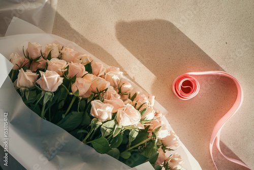 Wallpaper Mural Elegant bouquet of pale pink roses wrapped in white paper with a pink ribbon roll nearby on light textured surface in sunlight Torontodigital.ca