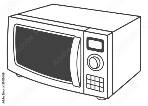 Simple black and white vector illustration of a modern microwave oven appliance ready for cooking purposes.