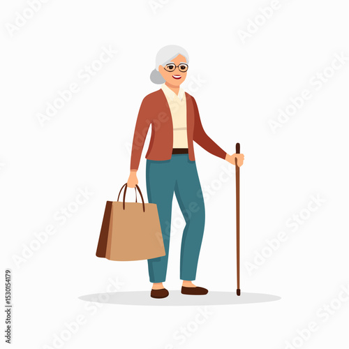 Vector of an older woman standing with a walking stick and a reusable shopping bag, styled simply and respectfully.
