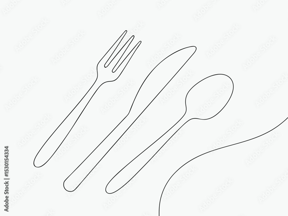 Simple minimalist line art illustration of fork knife and spoon silverware for dining.