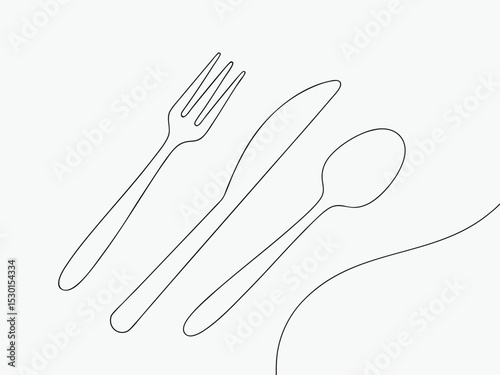 Simple minimalist line art illustration of fork knife and spoon silverware for dining.