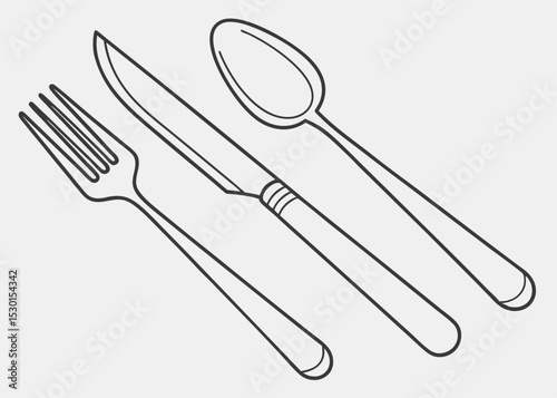 Elegant line art illustration depicting dining utensils fork knife and spoon arranged on a light background.