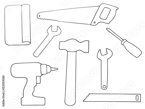Outlined hand tools in black and white including saw screwdriver hammer wrench and drill for design purposes.