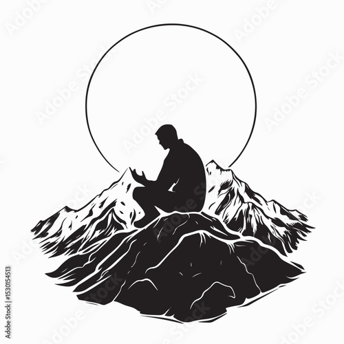 Silhouette Man sitting and praying on the top of the mountain Image vector on white background.