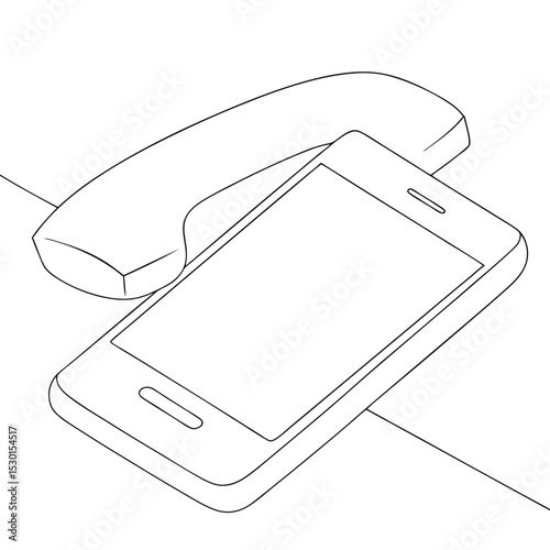 Black and white isometric illustration of a landline telephone handset next to a smartphone.
