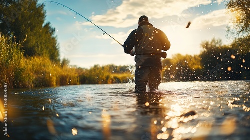 Wallpaper Mural Man Fishing in Water with Rod Outdoor Sport Fishing Scene Torontodigital.ca