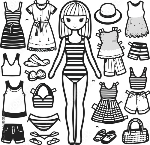 Illustration of a paper doll wearing a striped swimsuit, surrounded by various summer clothing items and accessories like dresses, shorts, hats, bags, and sandals