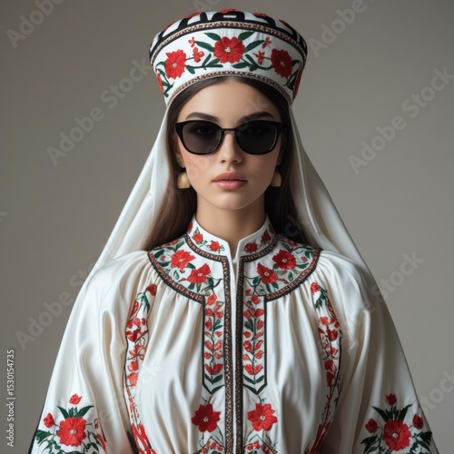 A woman wearing traditional embroidered attire and a matching headdress, paired with modern sunglasses, against a neutral background.