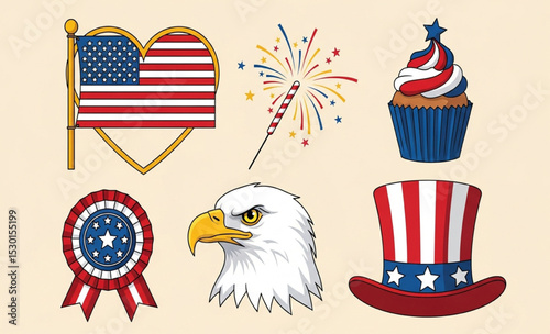 Patriotic American Icon Set: USA Flag, Eagle, Fireworks, Cupcake, Rosette, and Uncle Sam Hat | 4th of July Celebration Vector Graphics for Independence Day Designs and Holiday Marketing