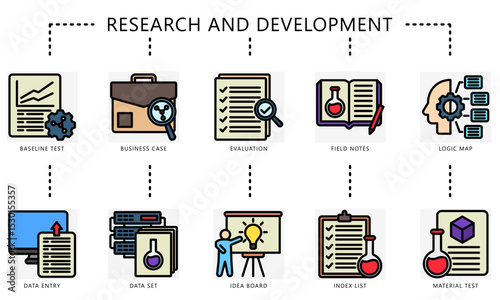 Research and development outline color icons. Contain test, business case, evaluation, notes, logic map, data set and more. Vector for construction UI, UX kit, digital, print, web and app development