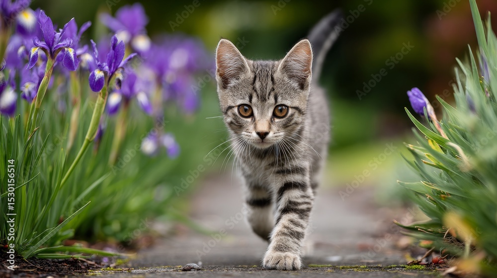 Obraz premium Playful kitten leaps forward, front paws wide, chasing iris petals in green blur.