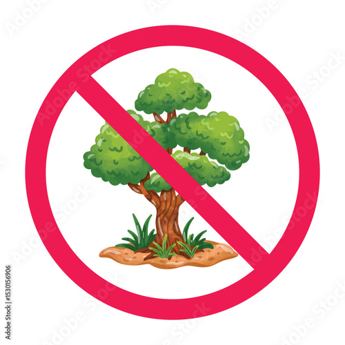 Forbidden sign with trees icon, no tree allowed sign, tree prohibition sign, do not plant trees symbol