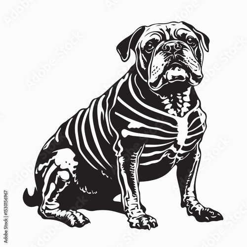 Creepy Bulldog Skeleton Posing Frighteningly in Dark Vector Art