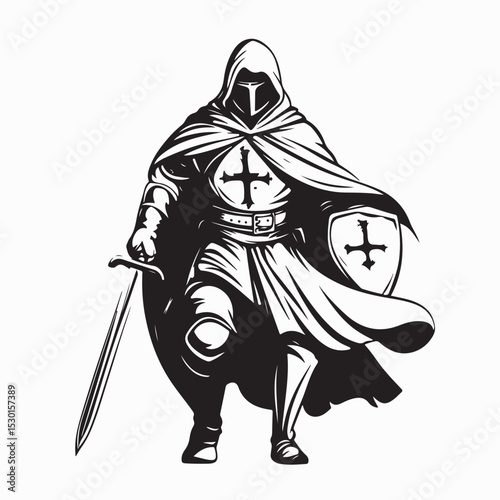 Crusade Knight Image Vector. Crusader knight illustration Black and White Image vector.