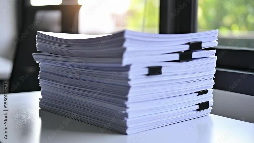 Stacks of white paper with black binder clips sit on bright desk in front of a window, representing paperwork overload.