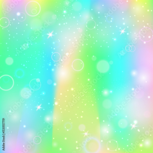 Kawaii Hologram. Green Unicorn Invitation. Girl Pattern. Holographic Abstract Invite. Yellow Colorful Background. Blue Blurred Gradient. Rainbow Texture. Dream Kawaii Hologram.