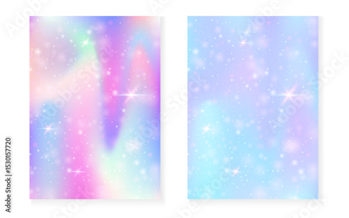 Unicorn background with kawaii magic gradient. Princess rainbow hologram. Holographic fairy set. Bright fantasy cover. Unicorn background with sparkles and stars for cute girl party invitation.