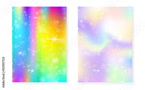 Unicorn background with kawaii magic gradient. Princess rainbow hologram. Holographic fairy set. Spectrum fantasy cover. Unicorn background with sparkles and stars for cute girl party invitation.