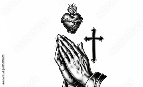 Praying Hands with Sacred Heart and Cross Tattoo Illustration | Religious Symbolism for Faith, Remembrance, and Memorial Graphics