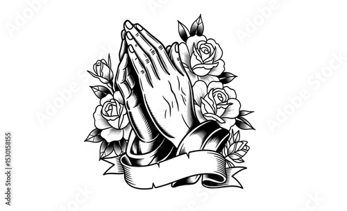 Praying Hands with Roses and Banner | Religious Illustration for Tattoo, Memorial, and Spiritual Designs