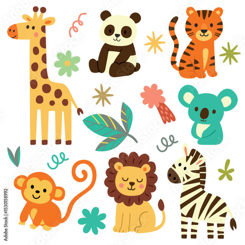 Set of wild animals illustration with plants elements