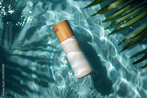 Elegant Cosmetic Bottle Floating Amidst Tropical Water with Vibrant Leaf Shadows