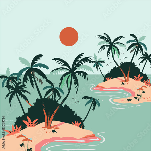 Summer vibes concept to the beach sunset two island vector and palm tree