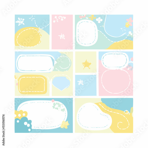 Vector of Instagram-style layouts with blank highlight shapes and soft pastel frames, styled cleanly.