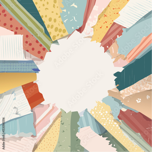 Vector of ripped paper shapes and washi tape strips in a neutral palette, arranged cleanly on white.