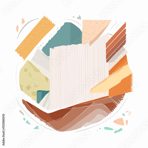 Vector of ripped paper shapes and washi tape strips in a neutral palette, arranged cleanly on white.