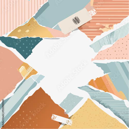 Vector of ripped paper shapes and washi tape strips in a neutral palette, arranged cleanly on white.