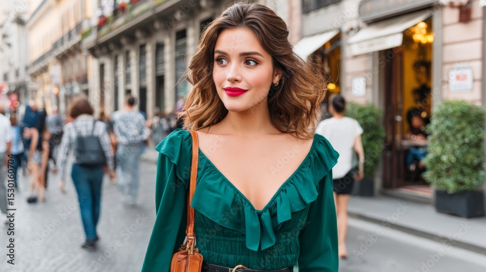 Fototapeta premium Stylish woman with wavy hair and red lipstick walking on a city street during daytime