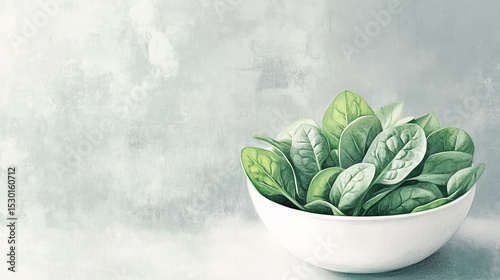 Fresh spinach leaves in a white bowl, placed on a gray background, showcasing vibrant green color perfect for salads, smoothies, or healthy side dishes