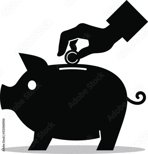 Black silhouette of a hand inserting coin into a piggy bank. Vector icon isolated on transparent background. Concept of saving money, finance, and banking.