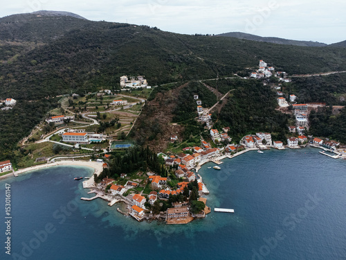 Aerial drone view of the city on the Adriatic seashore. Rose, Montenegro, Europe