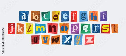 Ransom alphabet font collection. Cut paper newspaper and magazine letter. Retro torn typography y2k style.