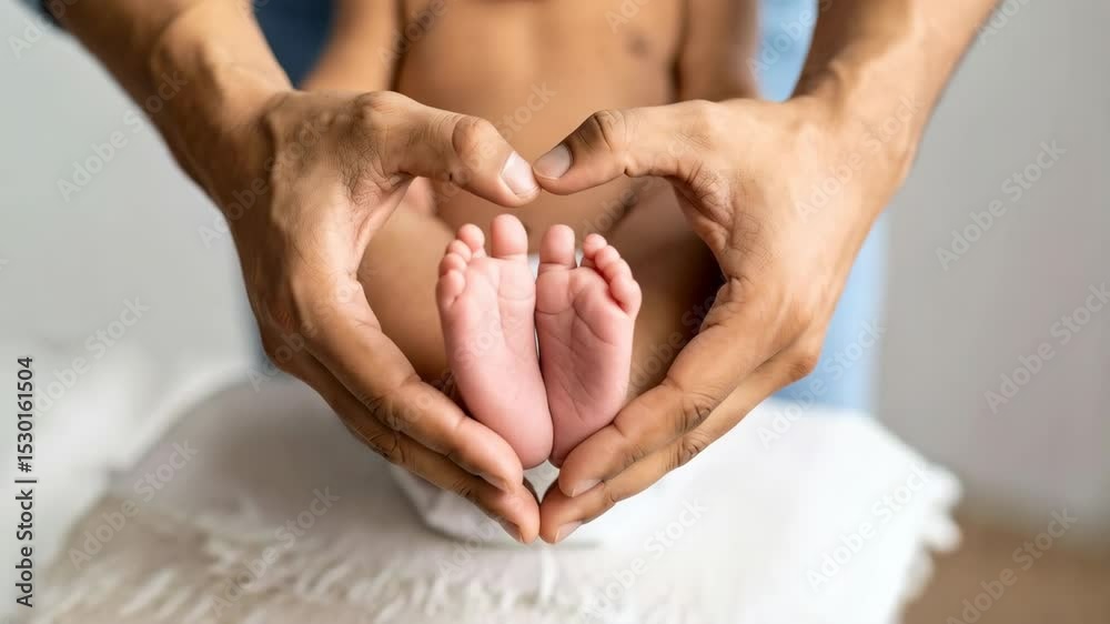 Father's hands forming a heart around newborn baby's feet expressing love, care, and affection for a little child's well-being Father's hands forming a heart around newborn baby's feet expressing love, care, and affection for a little child's well-being