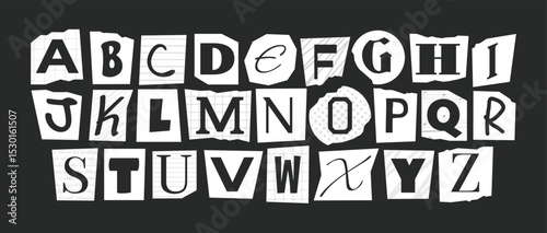 Ransom alphabet black and white font collection. Cut paper newspaper and magazine letter. Retro torn typography y2k style.