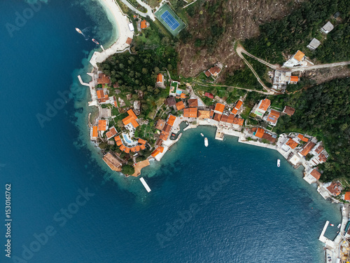 Aerial drone view of the city on the Adriatic seashore. Rose, Montenegro, Europe