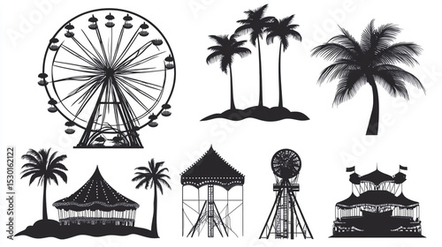 Vector icon set of Ferris wheel silhouettes, palm trees, and beach elements on white background; ideal for theme parks, fairgrounds, or tropical travel logo design, clean and minimal