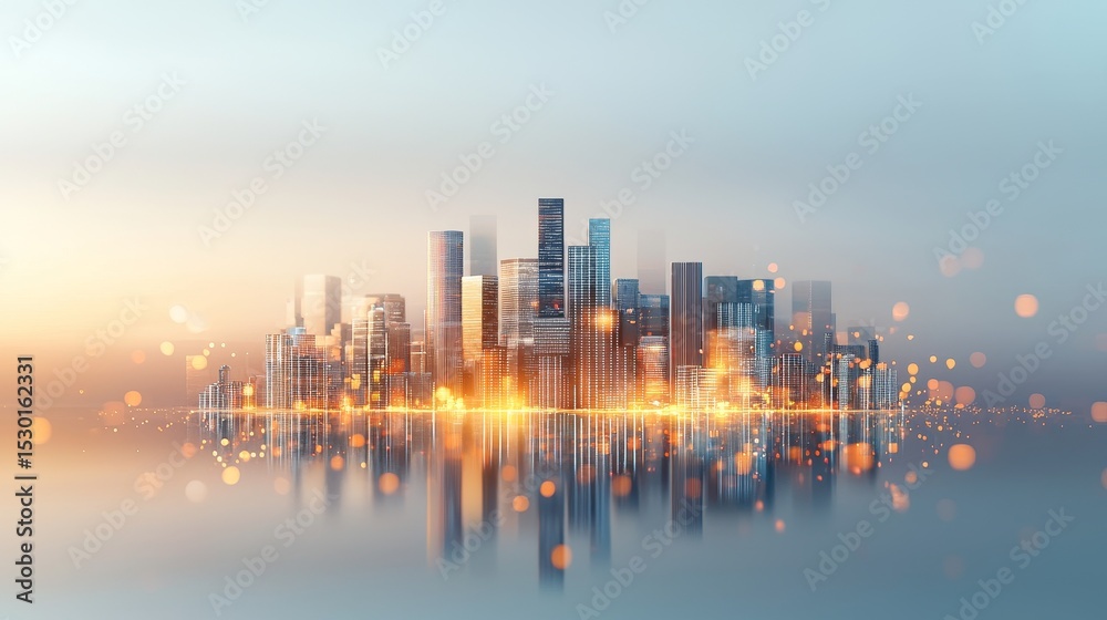 Fototapeta premium Modern skyline reflected in tranquil waters urban landscape evening glow serene environment aerial view cityscape concept