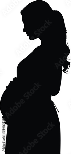 Silhouette of a pregnant woman in side profile with long hair. Vector illustration isolated on transparent background. Concept of pregnancy, motherhood, and maternity.
