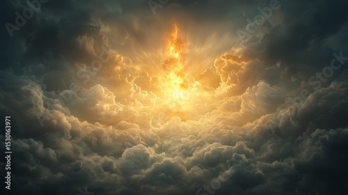 Majestic celestial phenomenon illuminates stormy skies nature digital art dramatic atmosphere wide angle awe-inspiring vision
