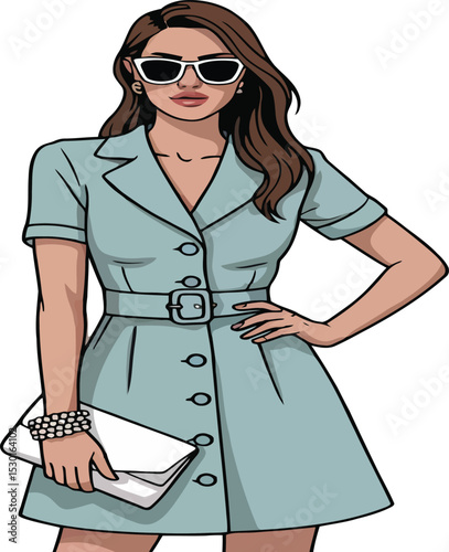 Stylish woman in a teal dress fashion illustration featuring a modern woman posing confidently in sunglasses with a clutch purse elegant attire summer style